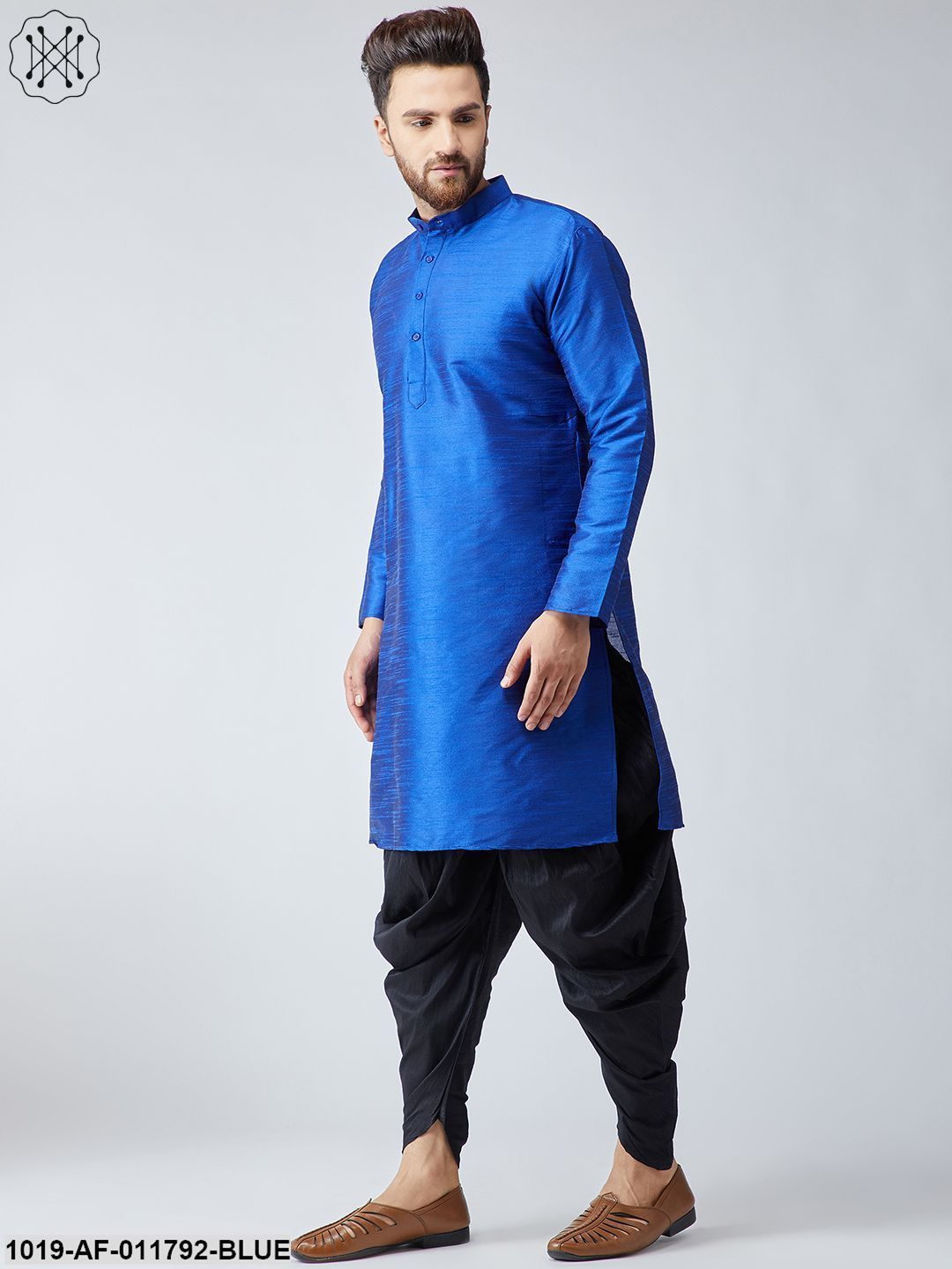 Men's Royal Blue Silk Kurta And Black Harem Pant Set