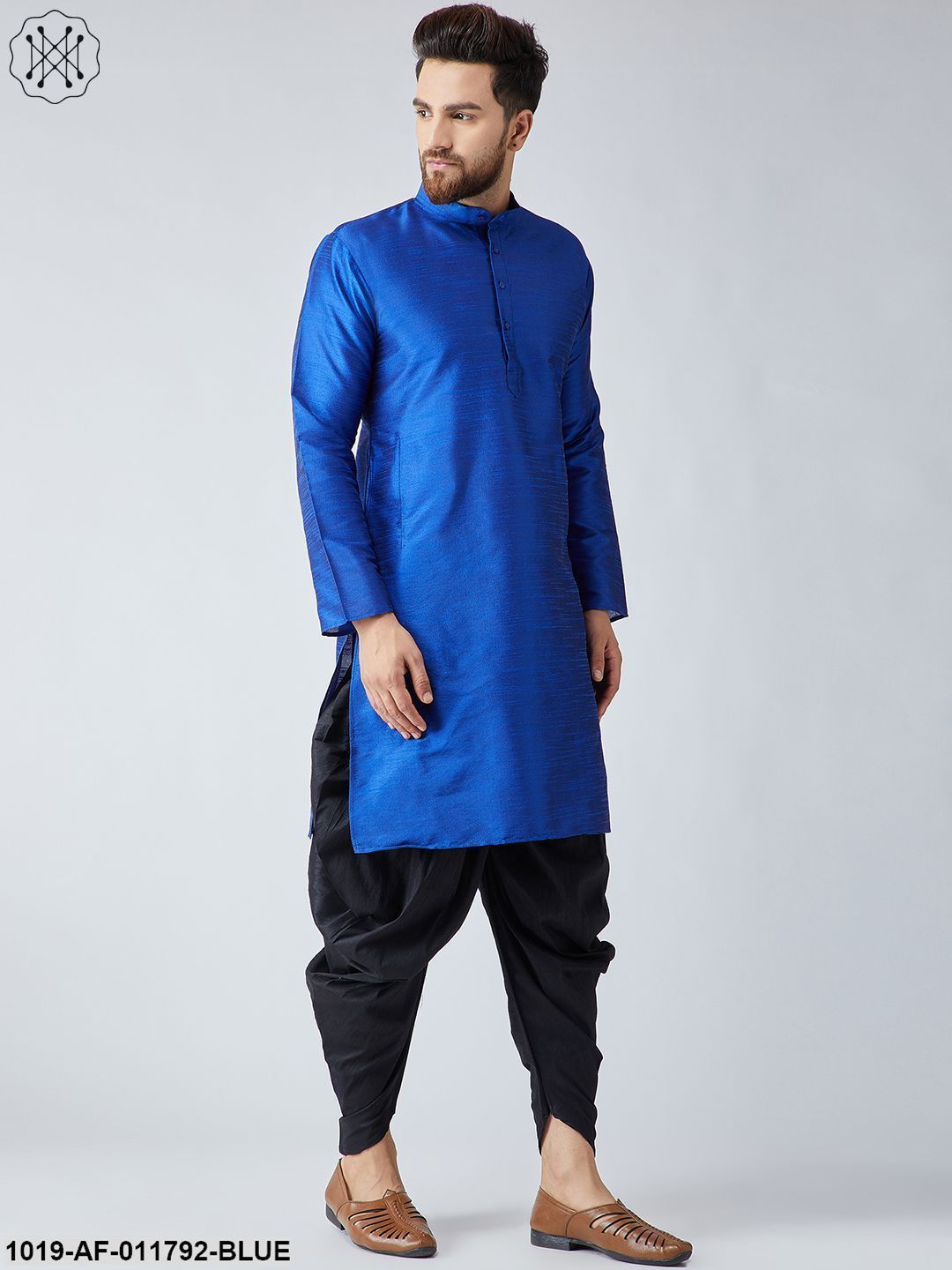 Men's Royal Blue Silk Kurta And Black Harem Pant Set