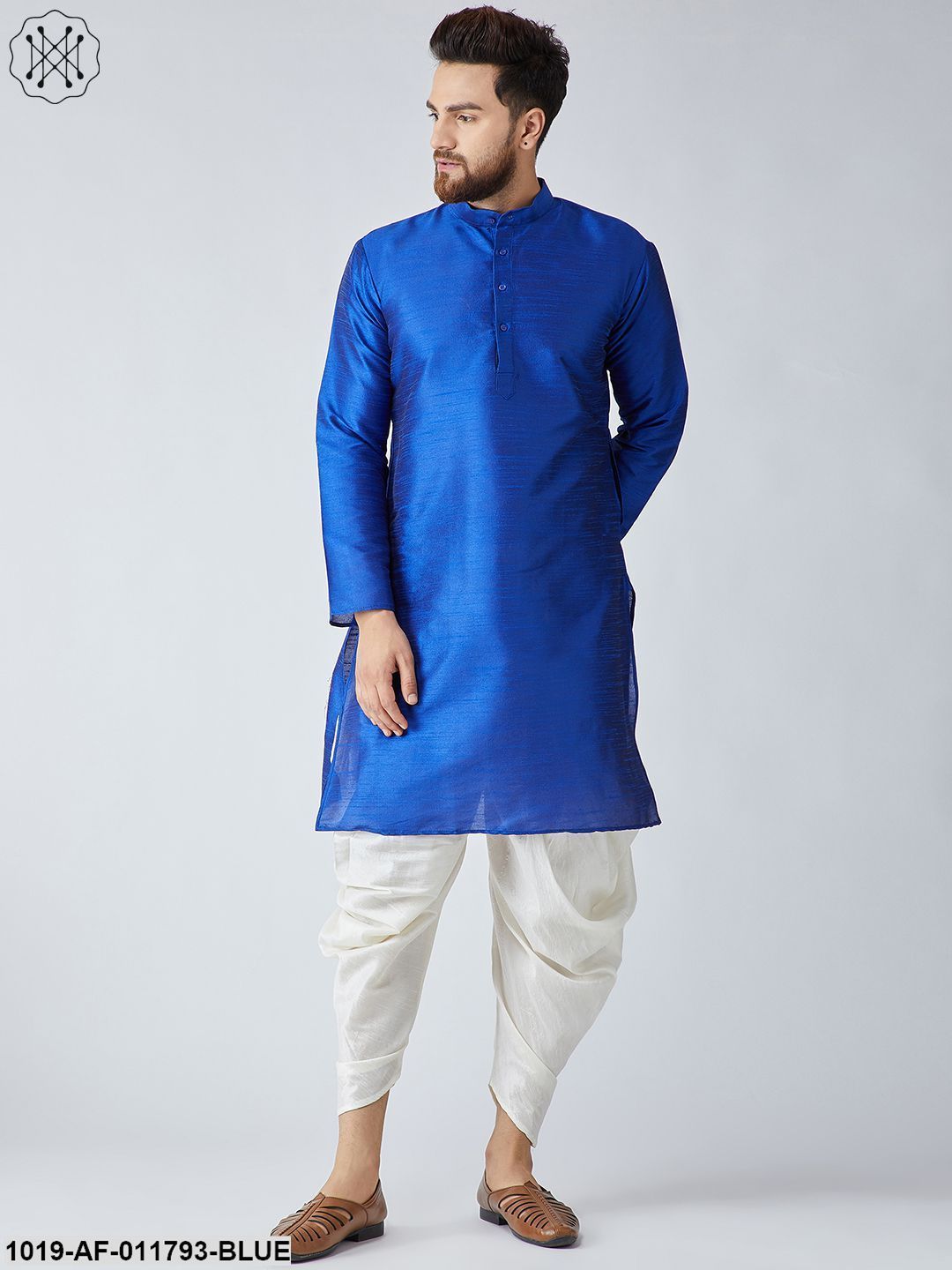 Men's Royal Blue Silk Kurta And Off-White Harem Pant Set