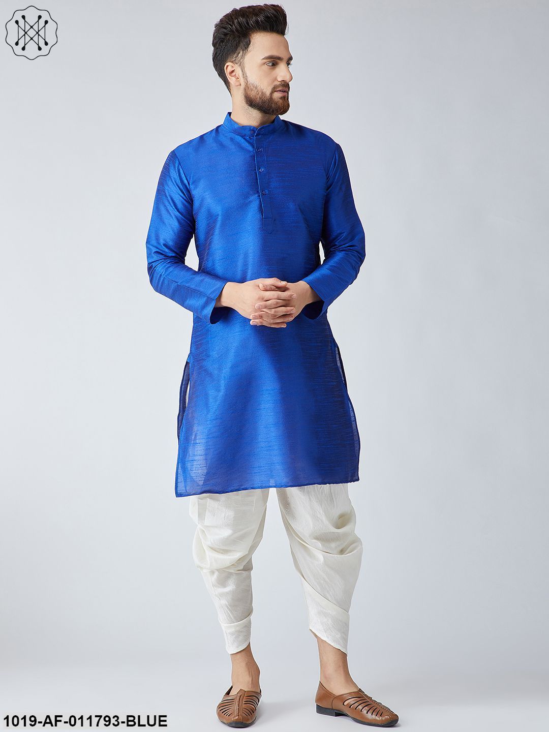 Men's Royal Blue Silk Kurta And Off-White Harem Pant Set