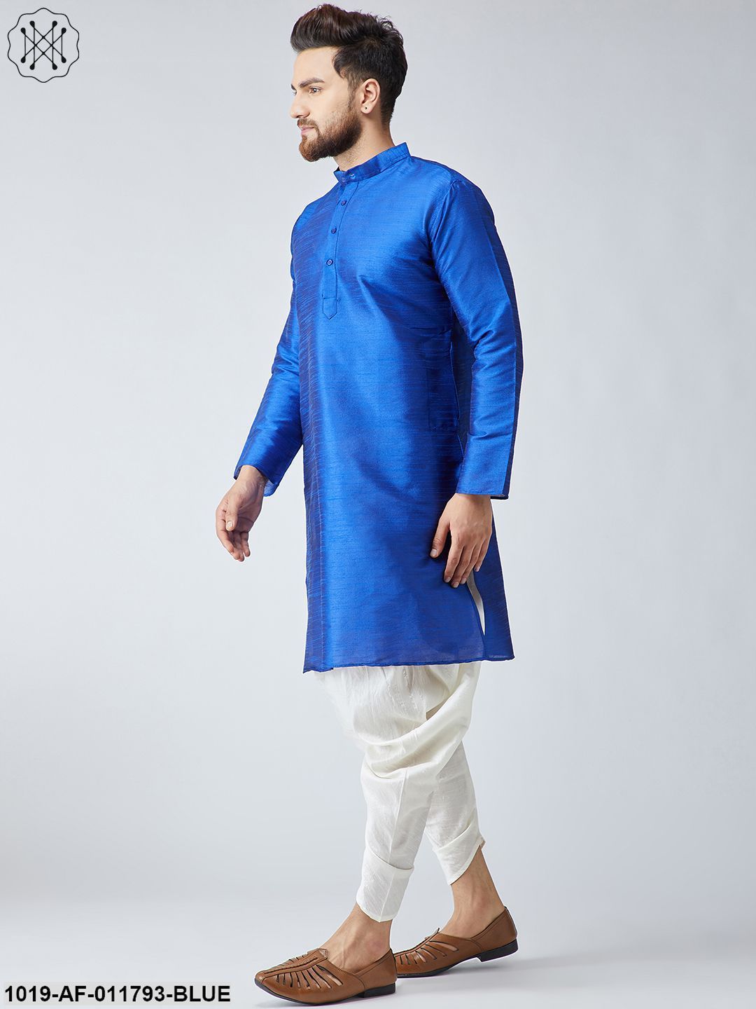 Men's Royal Blue Silk Kurta And Off-White Harem Pant Set