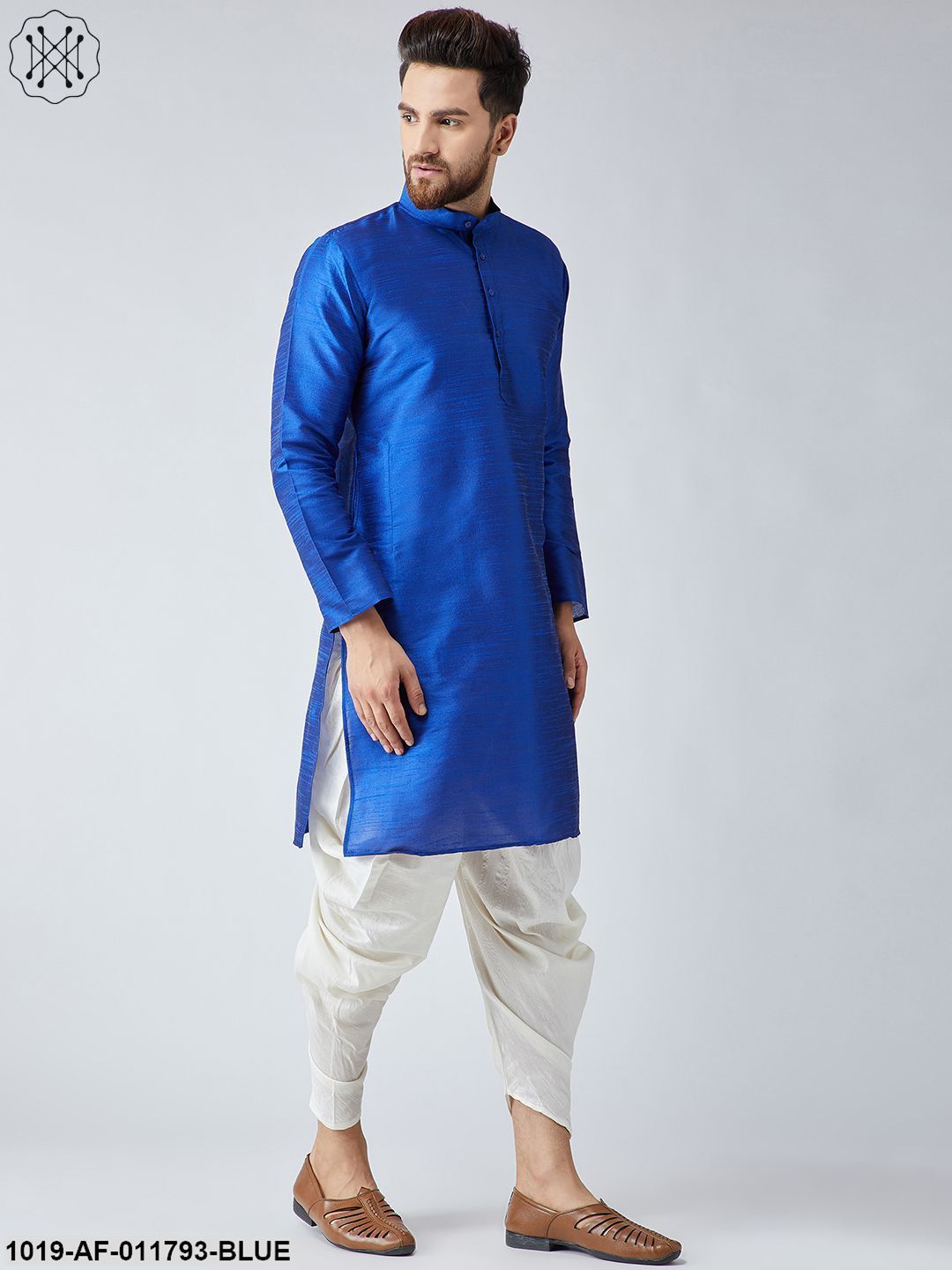 Men's Royal Blue Silk Kurta And Off-White Harem Pant Set
