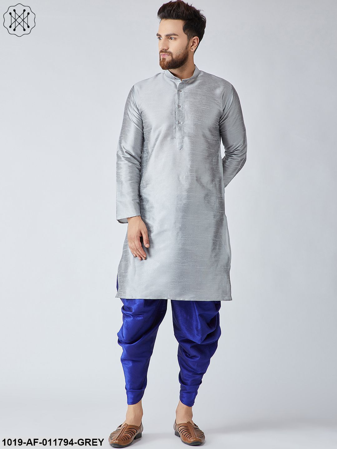 Men's Grey Silk Kurta And Blue Harem Pant Set