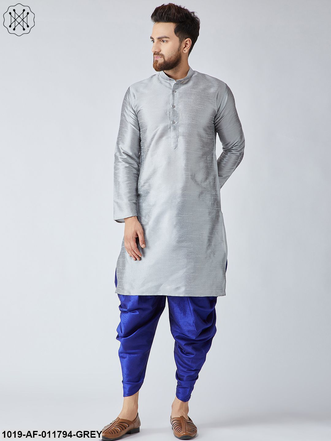 Men's Grey Silk Kurta And Blue Harem Pant Set