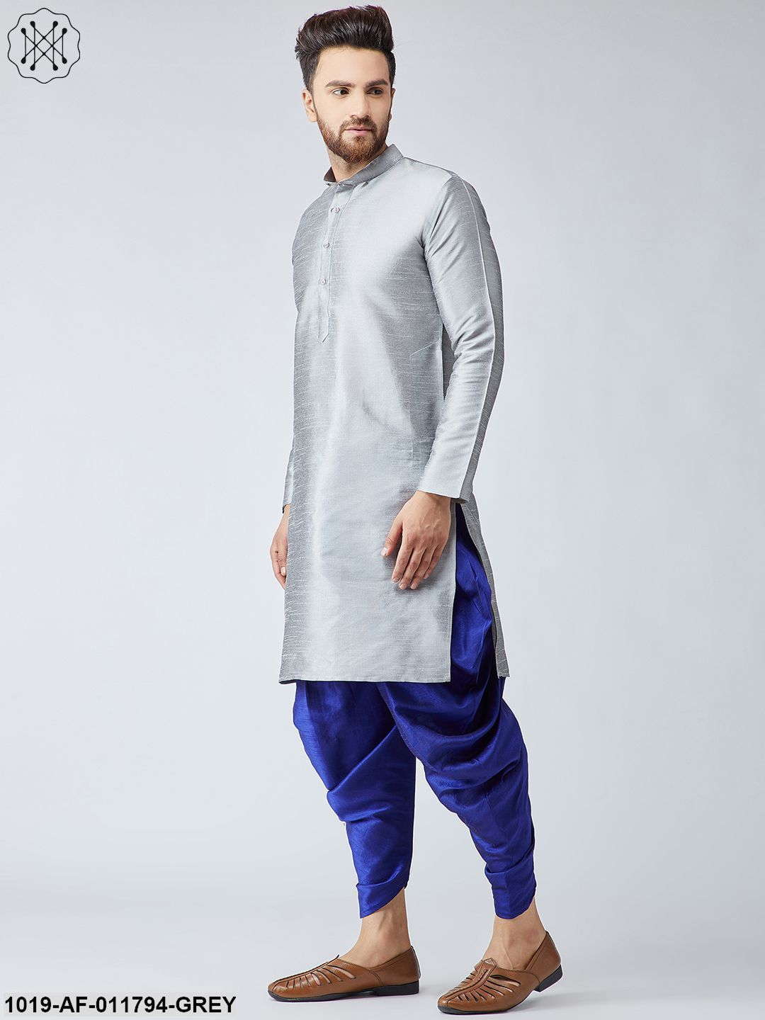 Men's Grey Silk Kurta And Blue Harem Pant Set