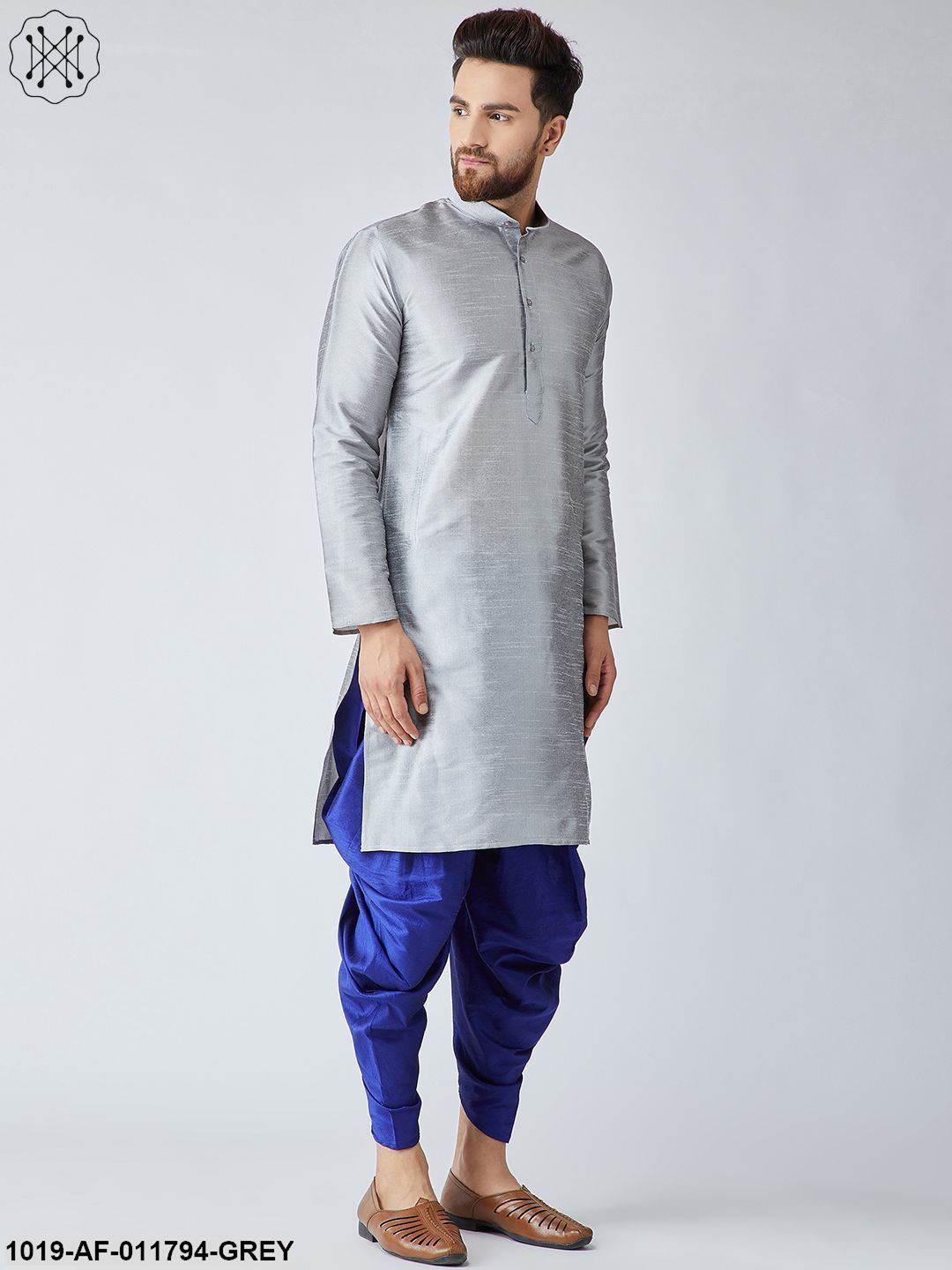 Men's Grey Silk Kurta And Blue Harem Pant Set