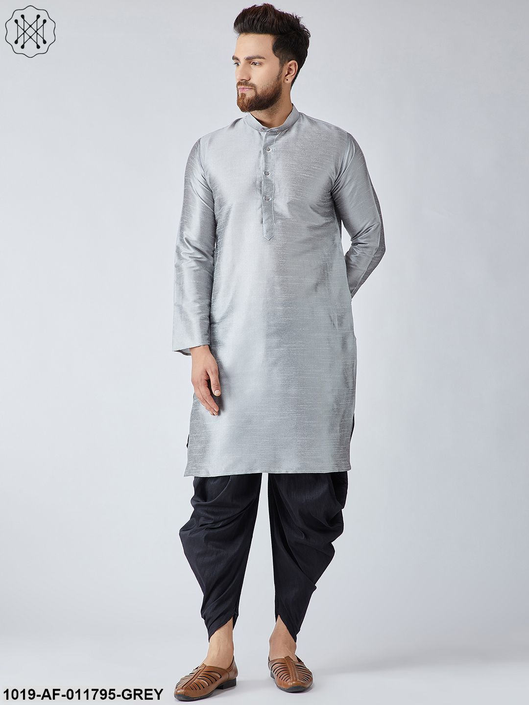 Men's Grey Silk Kurta And Black Harem Pant Set