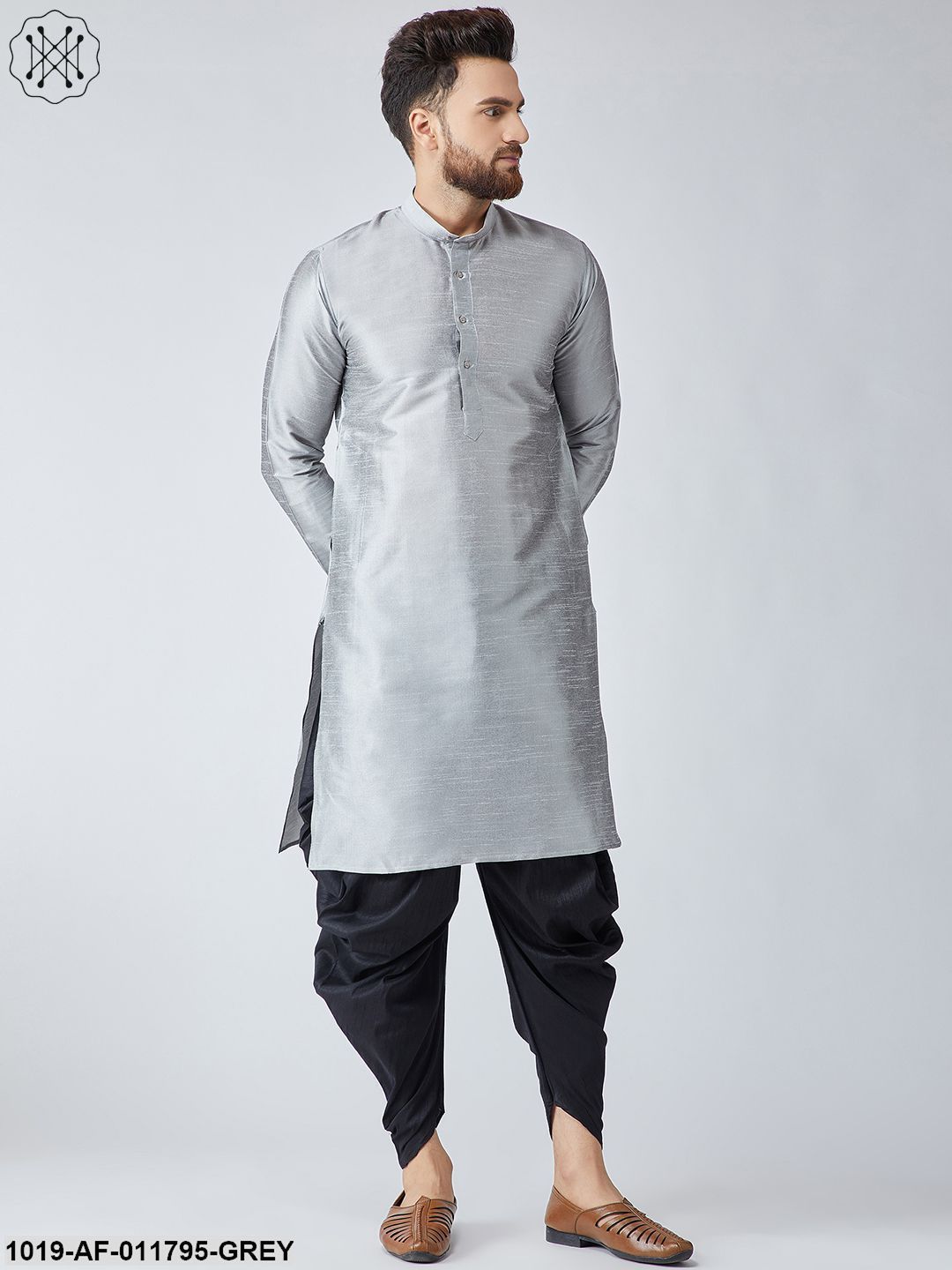 Men's Grey Silk Kurta And Black Harem Pant Set