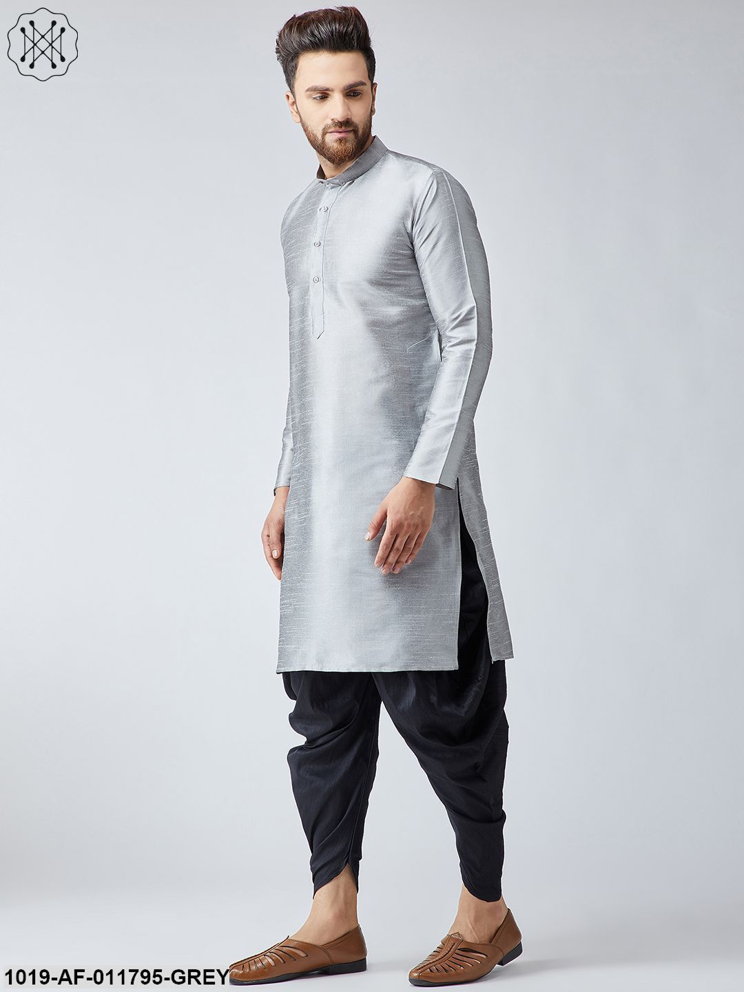 Men's Grey Silk Kurta And Black Harem Pant Set