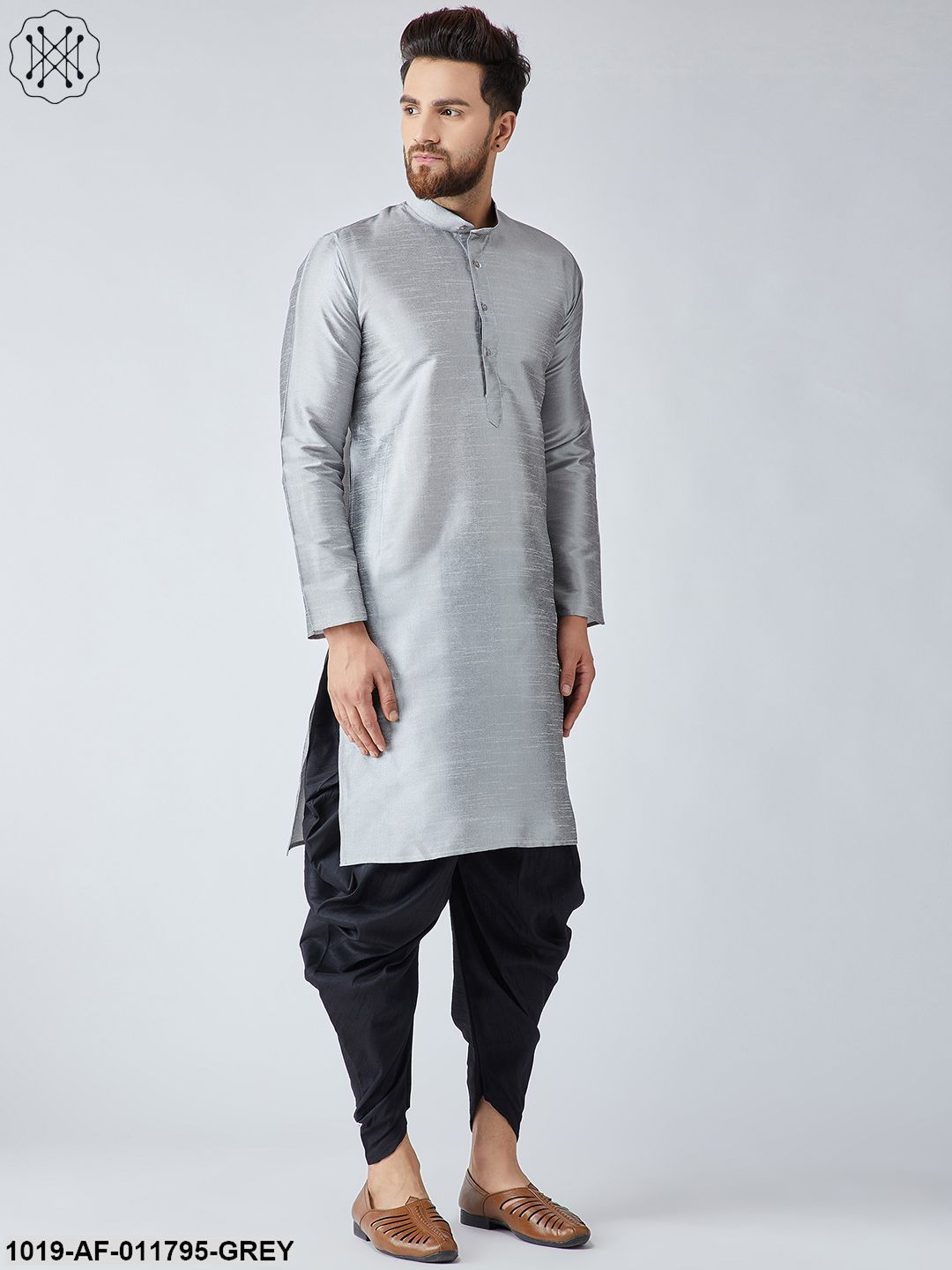 Men's Grey Silk Kurta And Black Harem Pant Set