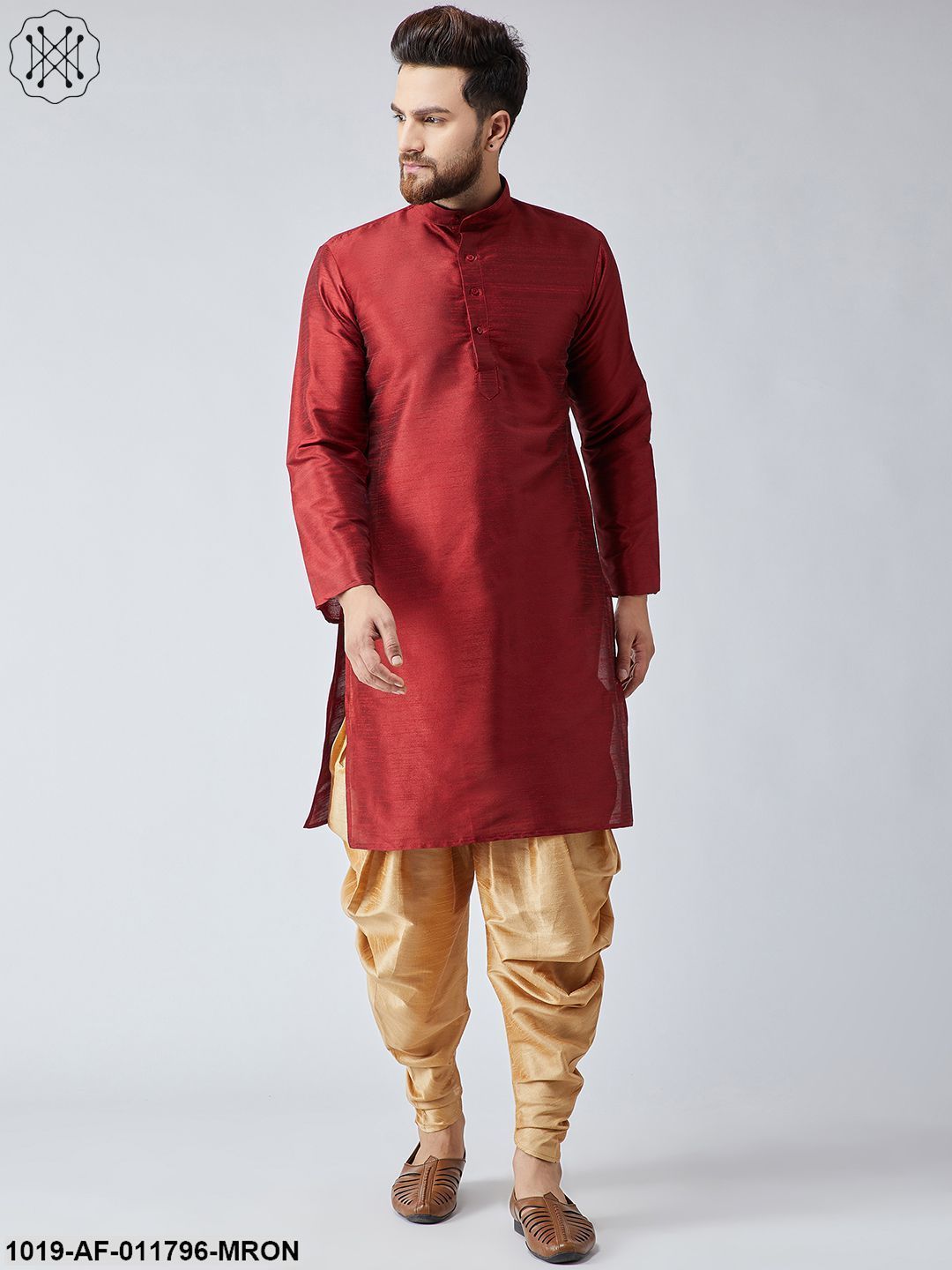 Men's Maroon Silk Kurta And Gold Harem Pant Set