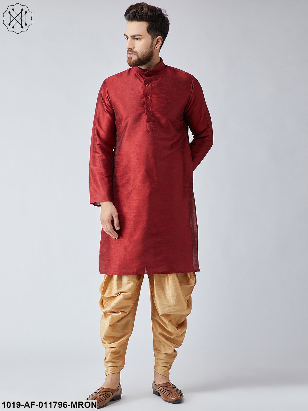 Men's Maroon Silk Kurta And Gold Harem Pant Set