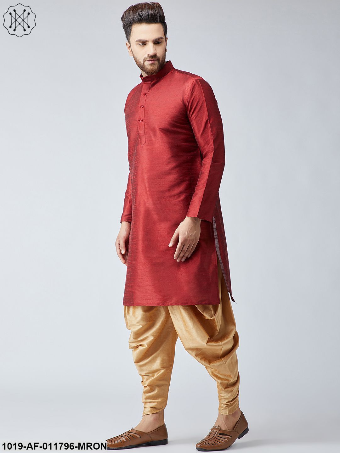 Men's Maroon Silk Kurta And Gold Harem Pant Set