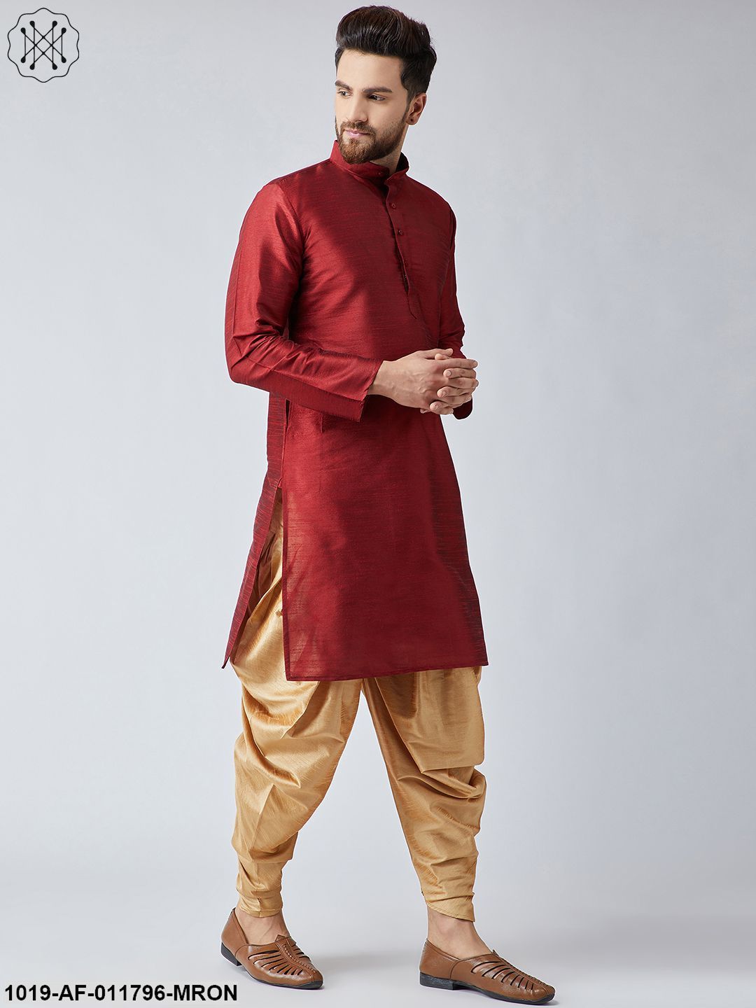 Men's Maroon Silk Kurta And Gold Harem Pant Set