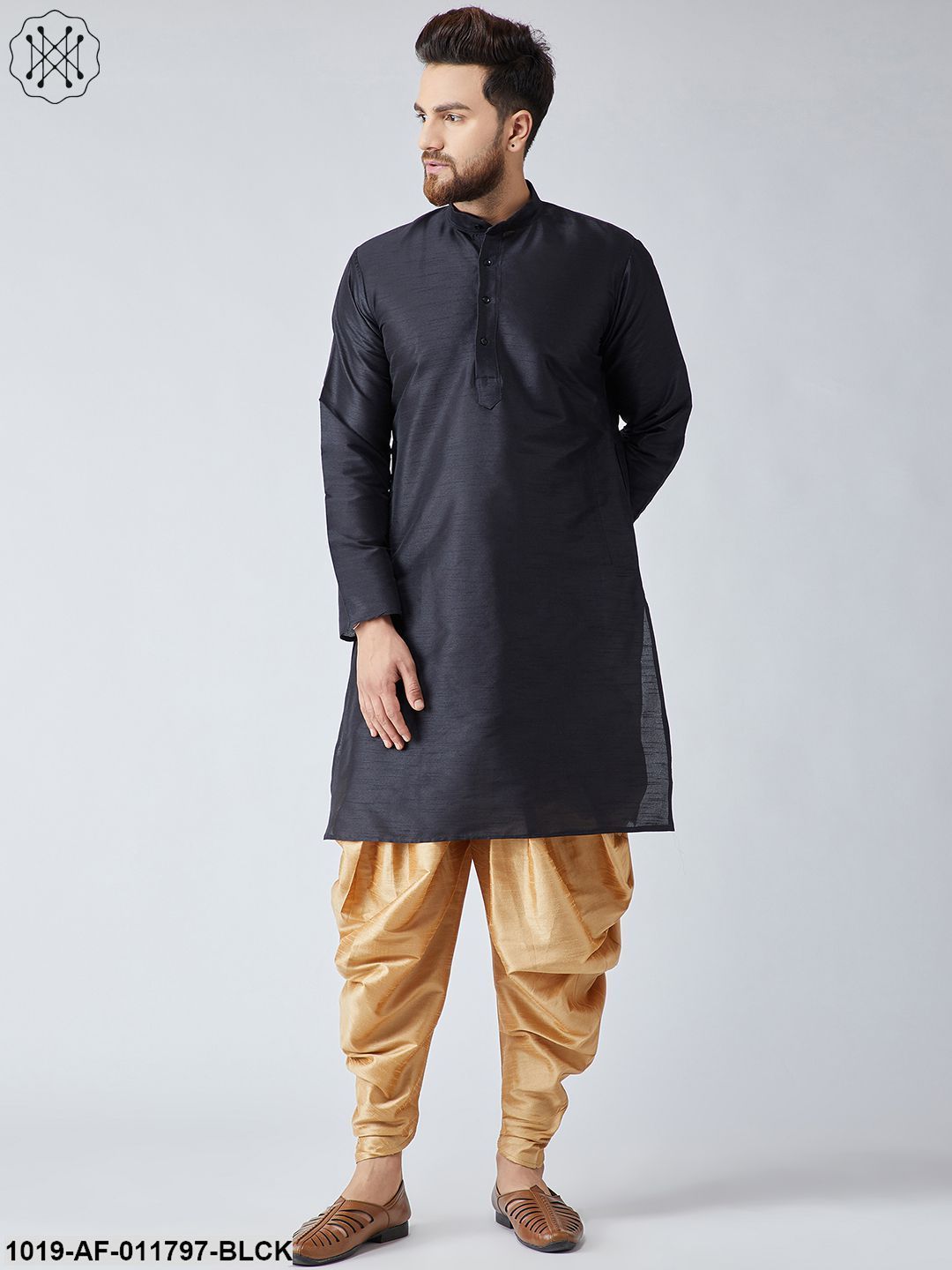 Men's Black Silk Kurta And Gold Harem Pant Set