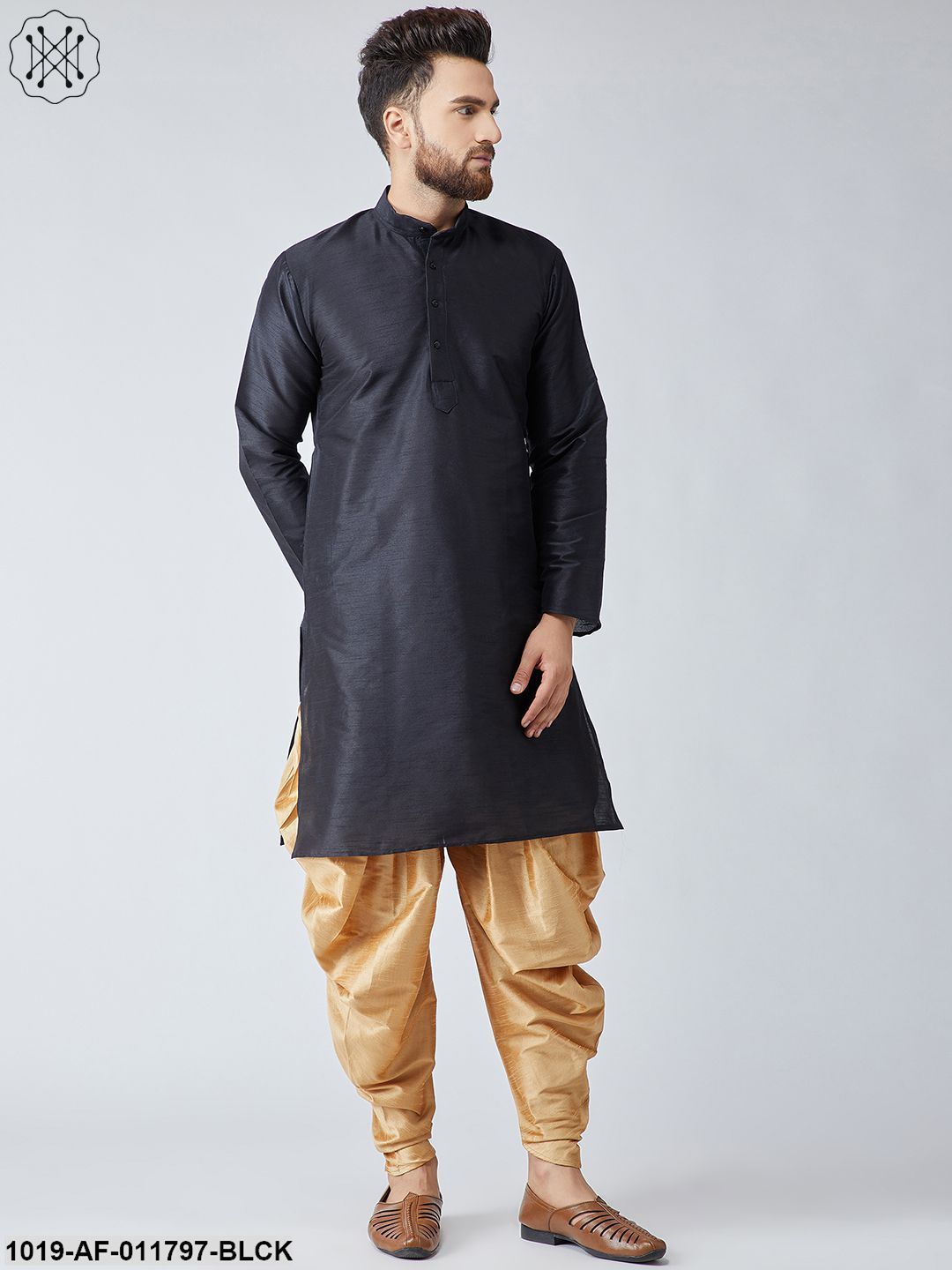 Men's Black Silk Kurta And Gold Harem Pant Set