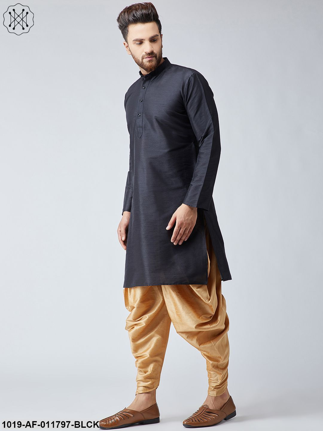 Men's Black Silk Kurta And Gold Harem Pant Set