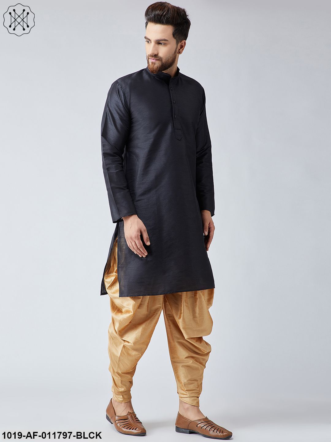 Men's Black Silk Kurta And Gold Harem Pant Set