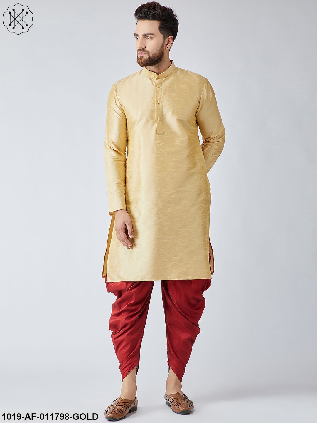 Men's Gold Silk Kurta And Maroon Harem Pant Set