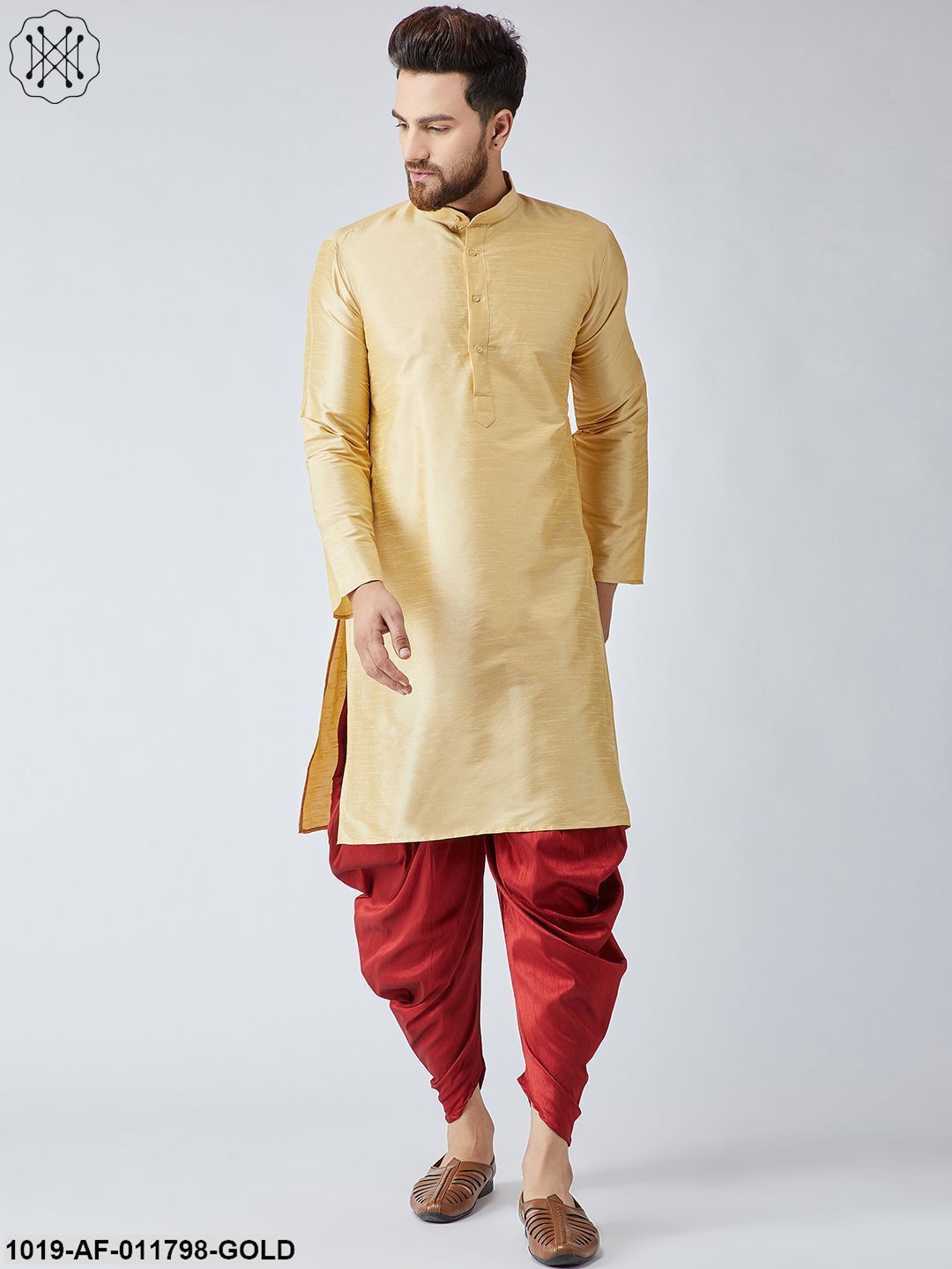 Men's Gold Silk Kurta And Maroon Harem Pant Set