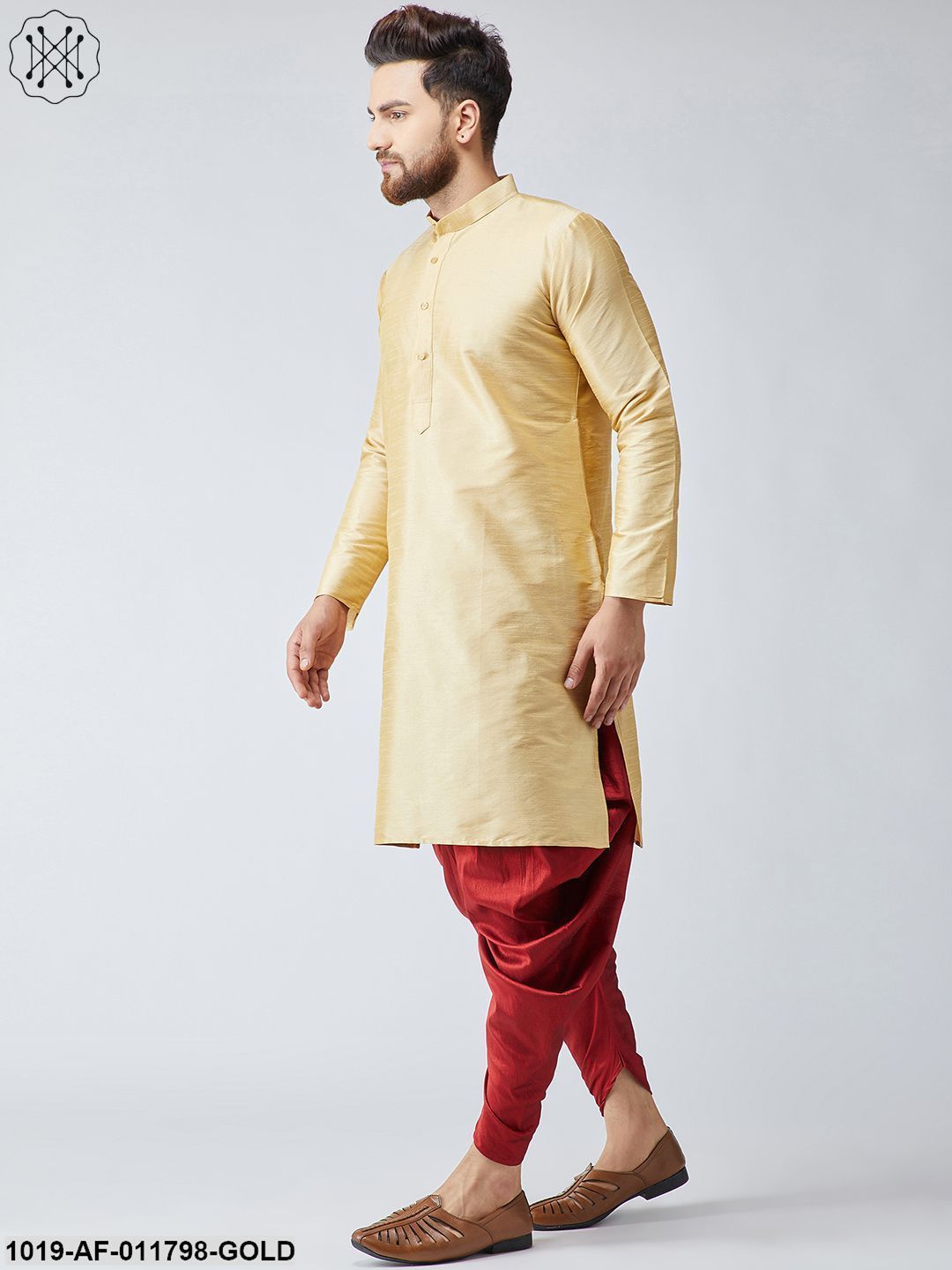 Men's Gold Silk Kurta And Maroon Harem Pant Set