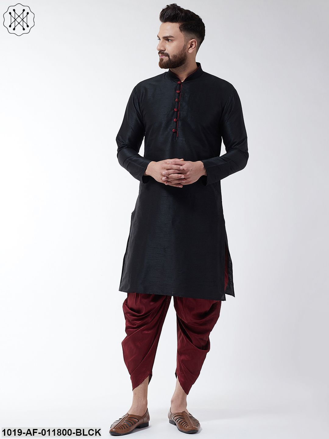 Men's Silk Blend Black Kurta & Maroon Harem Pant Set