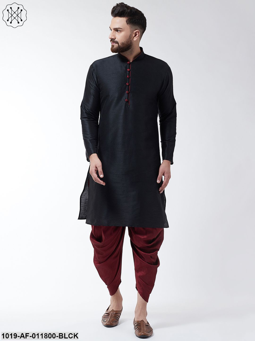 Men's Silk Blend Black Kurta & Maroon Harem Pant Set