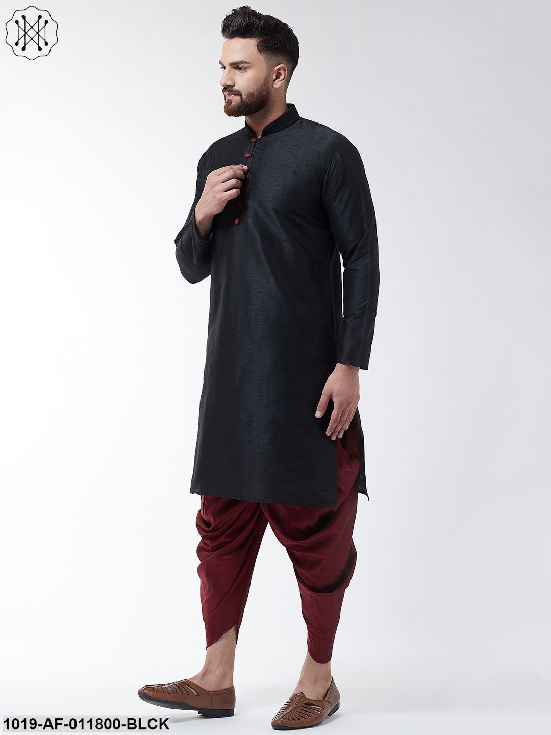 Men's Silk Blend Black Kurta & Maroon Harem Pant Set
