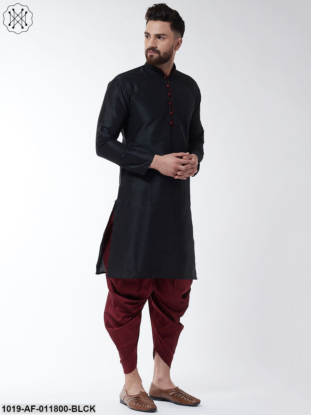Men's Silk Blend Black Kurta & Maroon Harem Pant Set