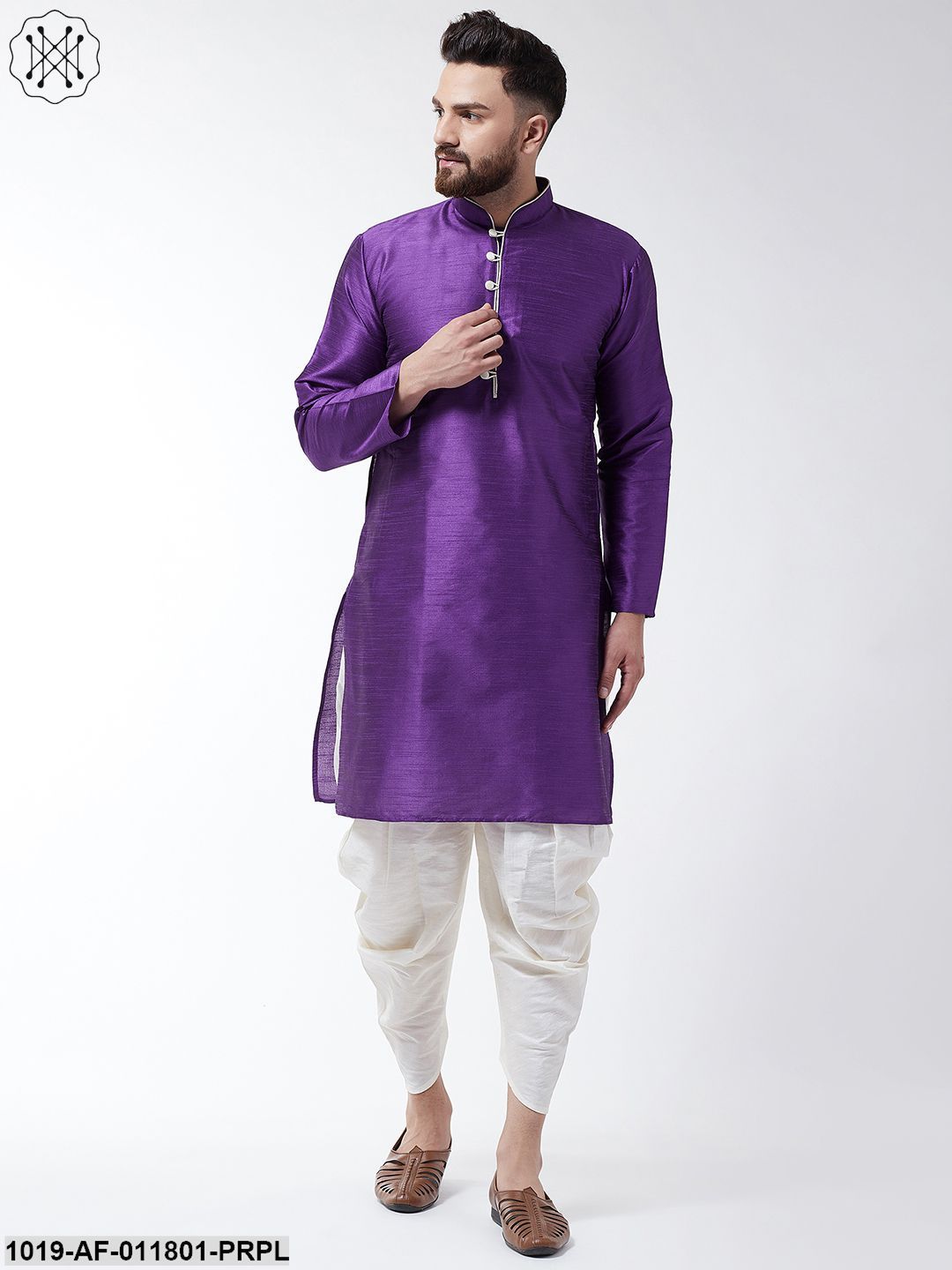 Men's Silk Blend Purple Kurta & Off White Harem Pant Set