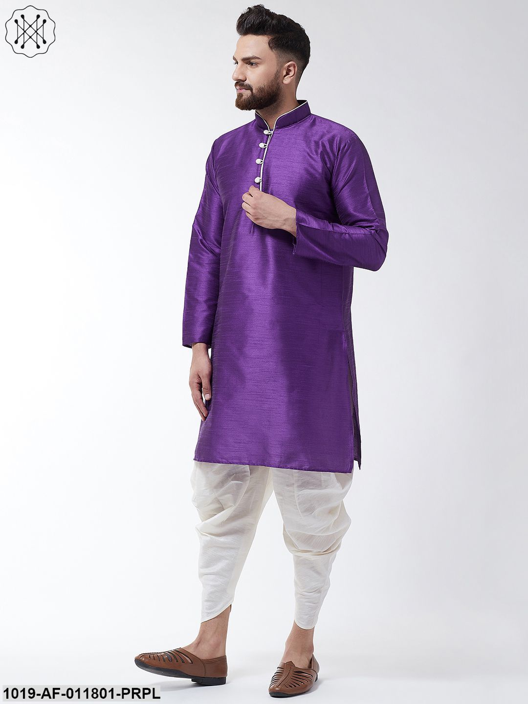 Men's Silk Blend Purple Kurta & Off White Harem Pant Set