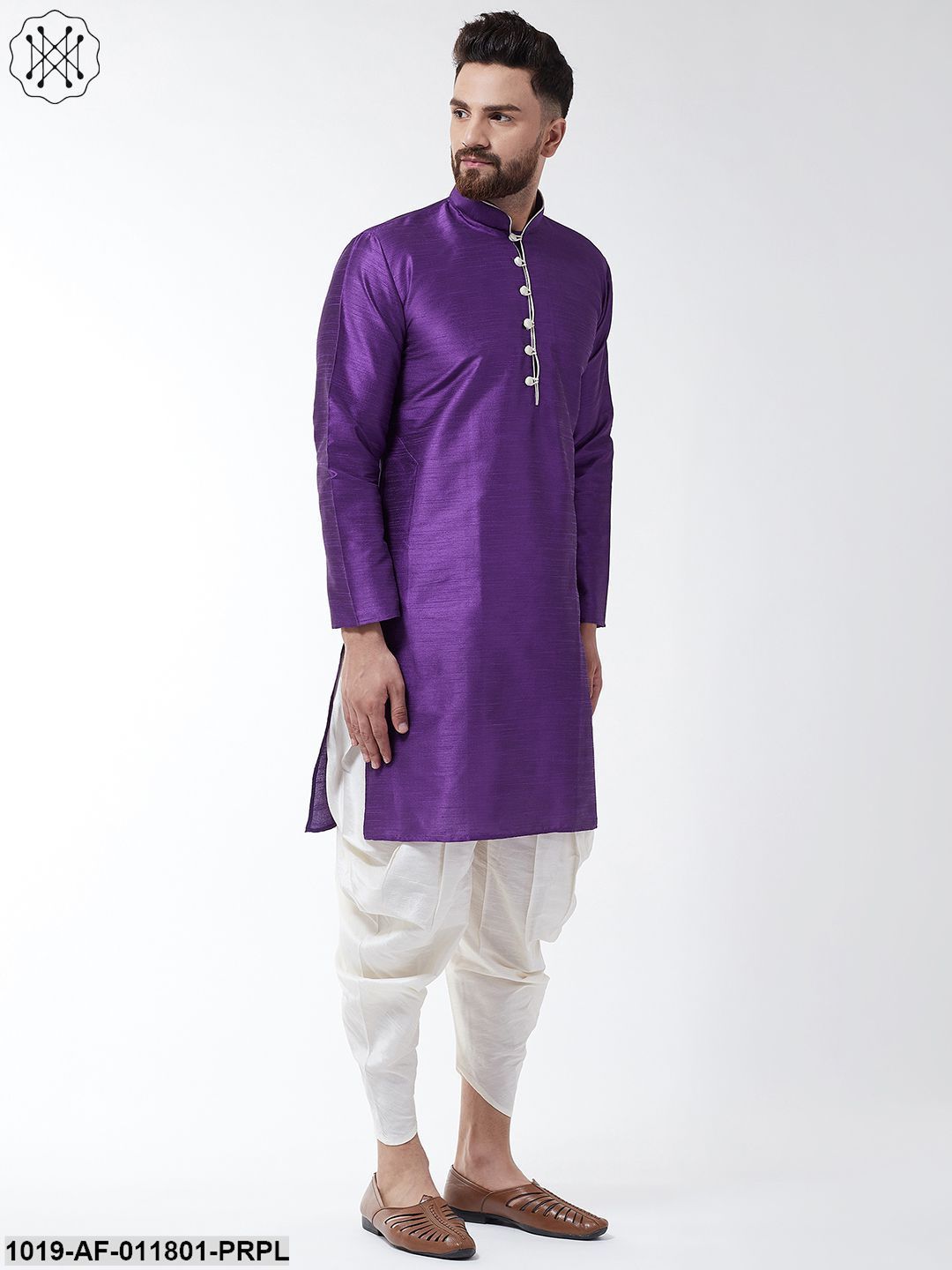 Men's Silk Blend Purple Kurta & Off White Harem Pant Set