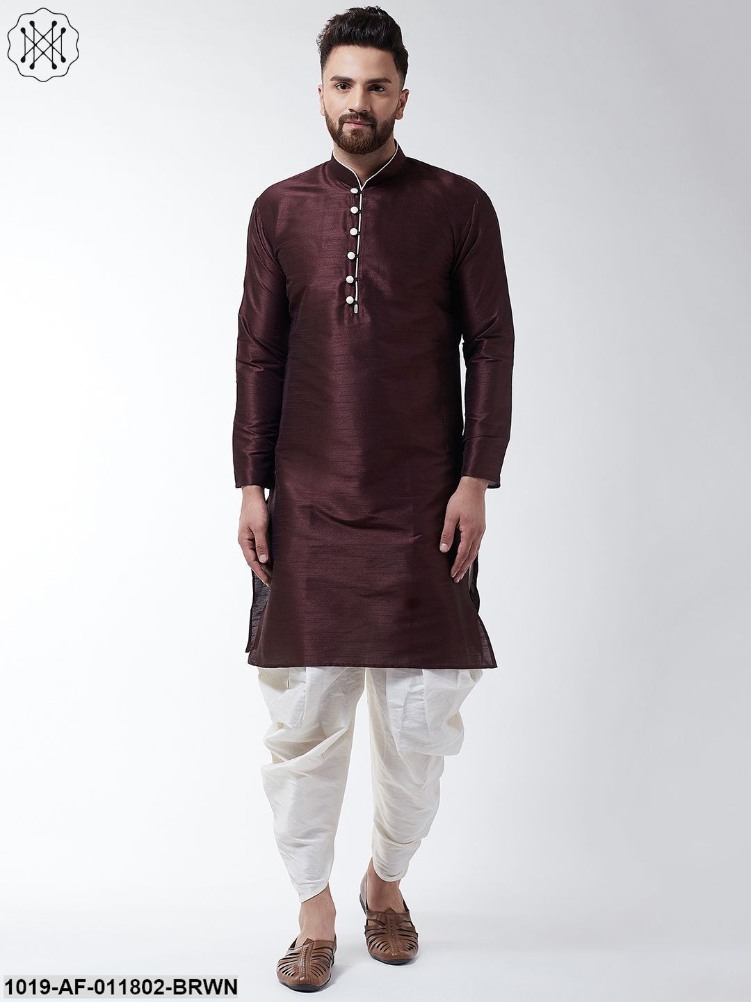 Men's Silk Blend Brown Kurta & Off White Harem Pant Set