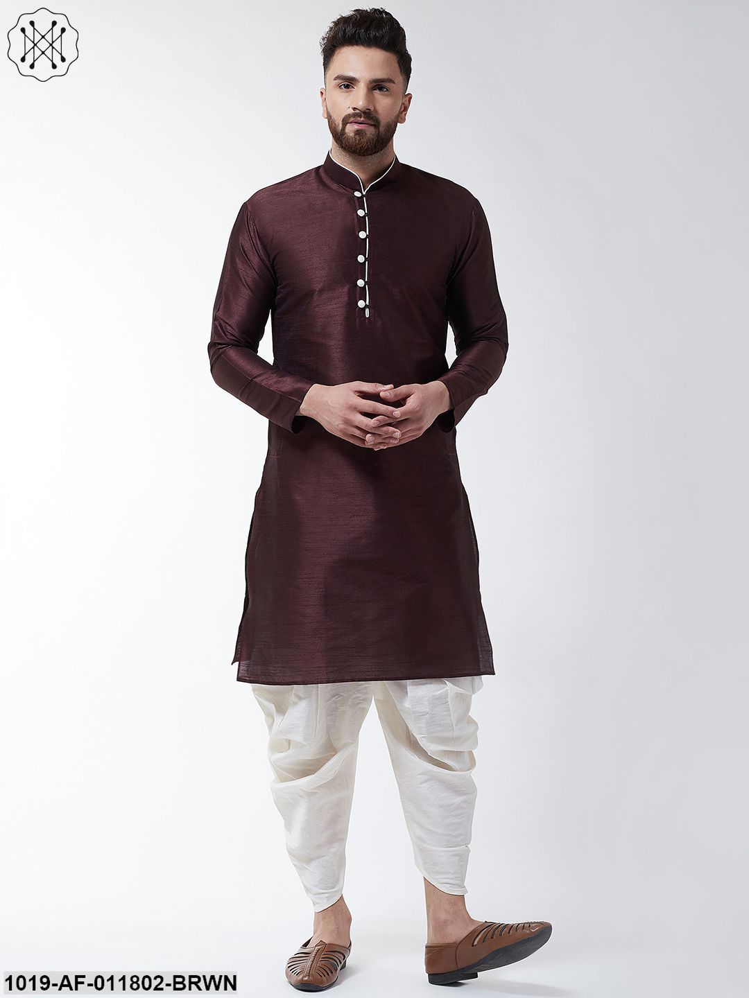Men's Silk Blend Brown Kurta & Off White Harem Pant Set