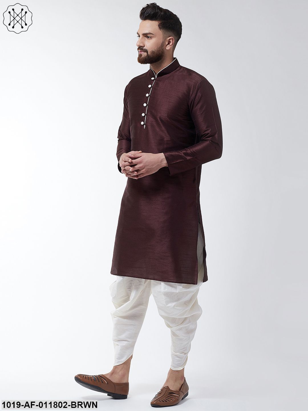 Men's Silk Blend Brown Kurta & Off White Harem Pant Set