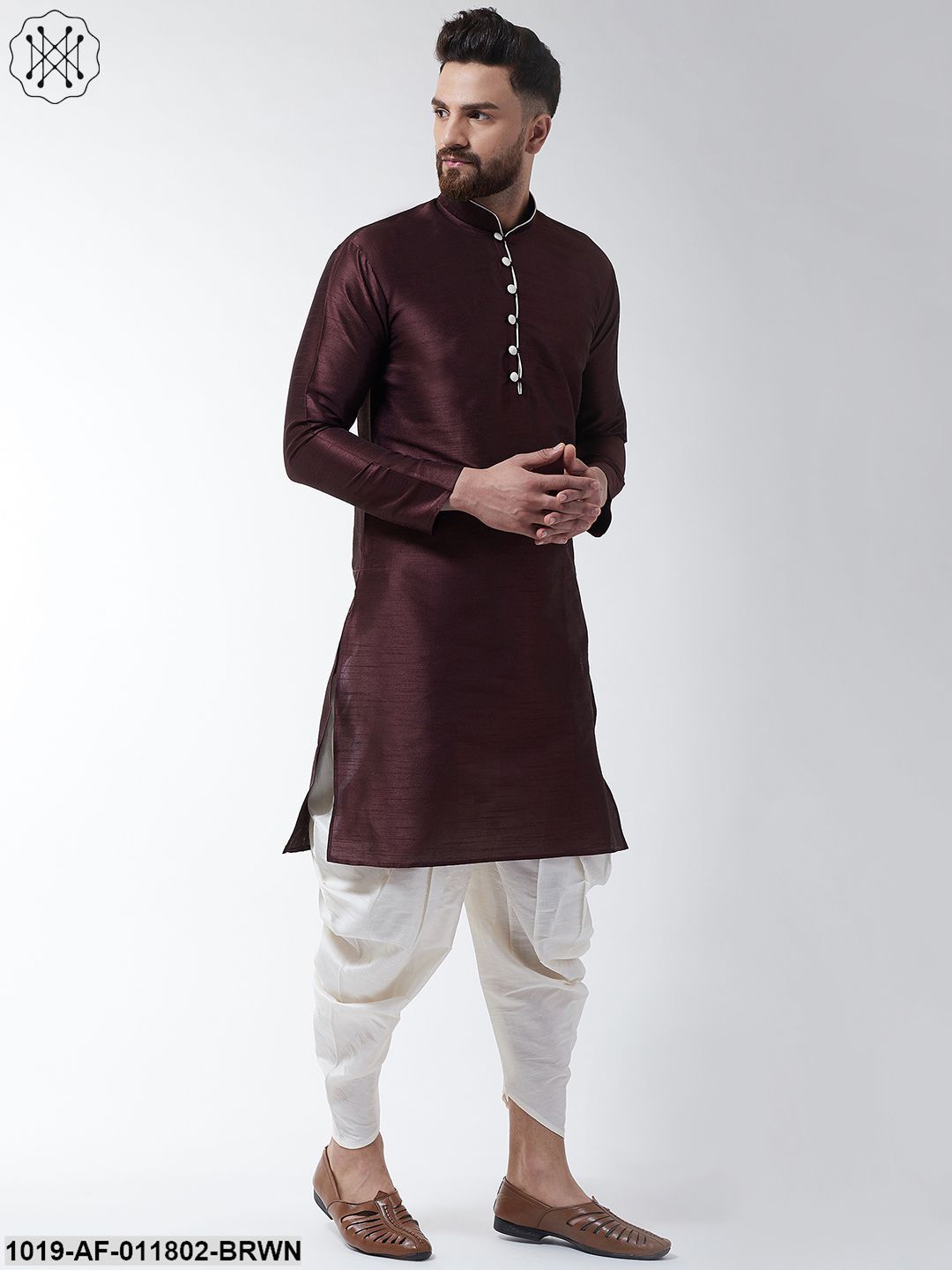 Men's Silk Blend Brown Kurta & Off White Harem Pant Set