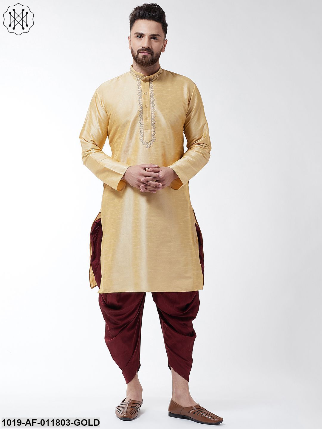 Men's Silk Blend Gold Kurta & Maroon Harem Pant Set