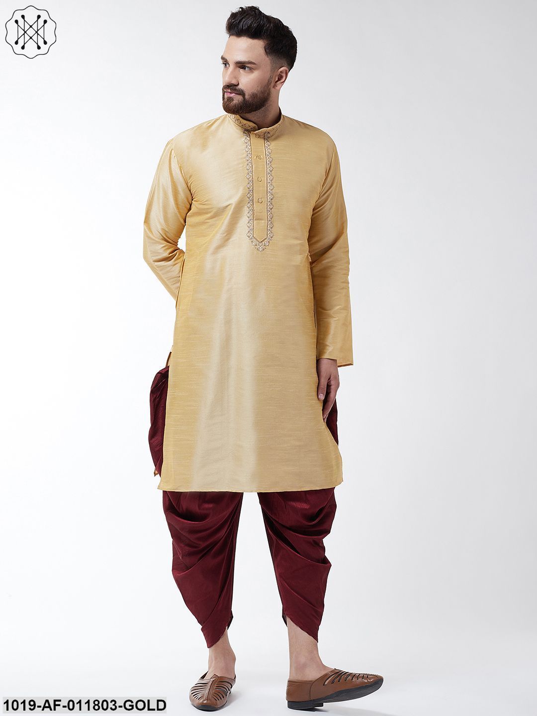 Men's Silk Blend Gold Kurta & Maroon Harem Pant Set