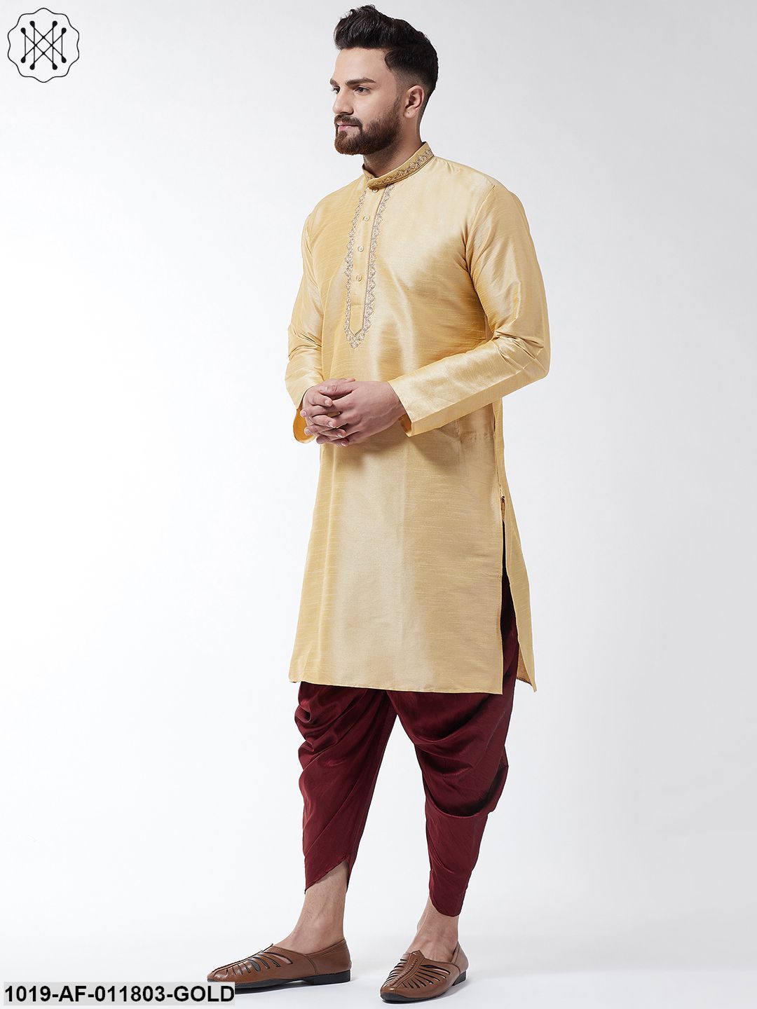 Men's Silk Blend Gold Kurta & Maroon Harem Pant Set