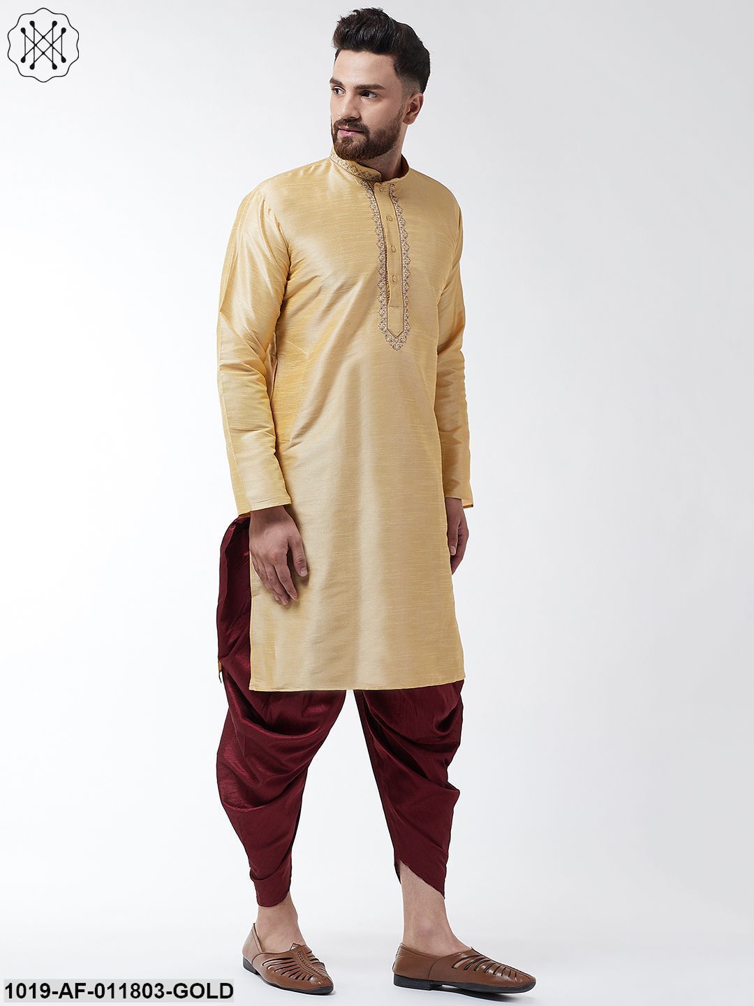 Men's Silk Blend Gold Kurta & Maroon Harem Pant Set