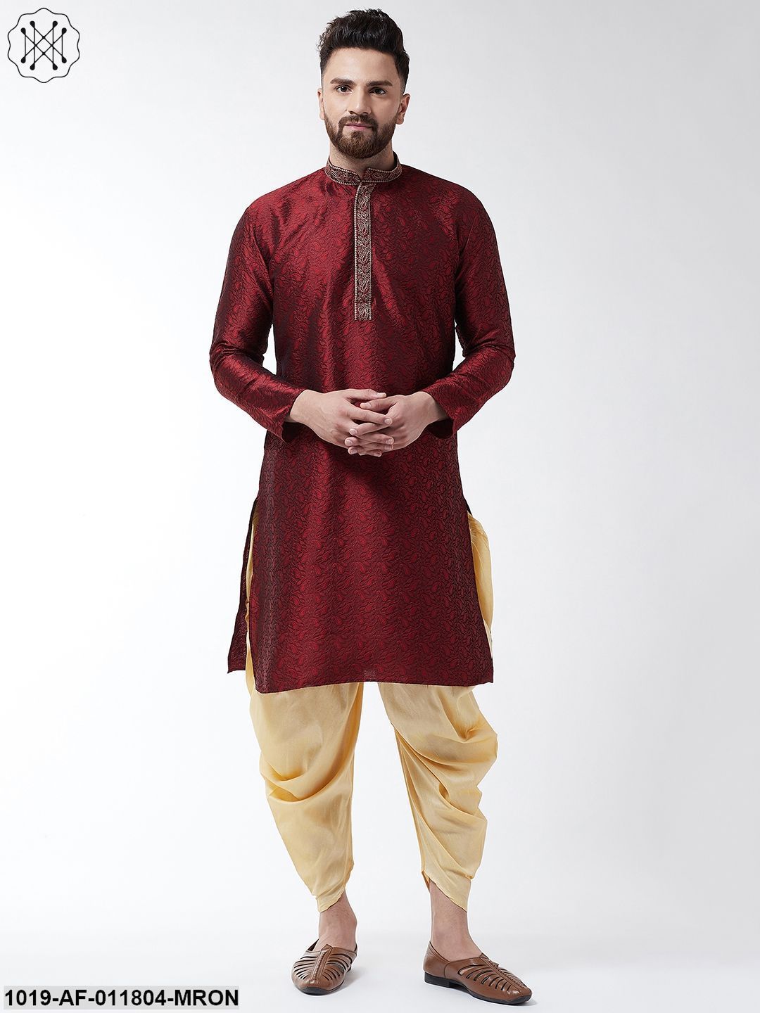 Men's Silk Blend Maroon Kurta & Gold Harem Pant Set