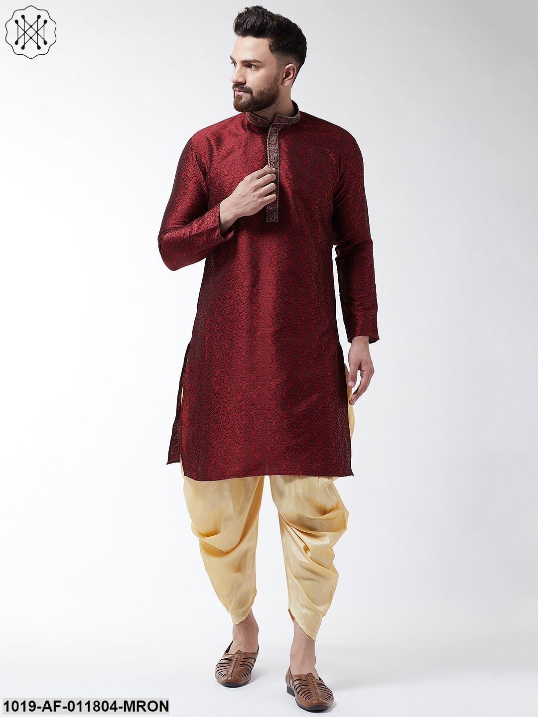 Men's Silk Blend Maroon Kurta & Gold Harem Pant Set