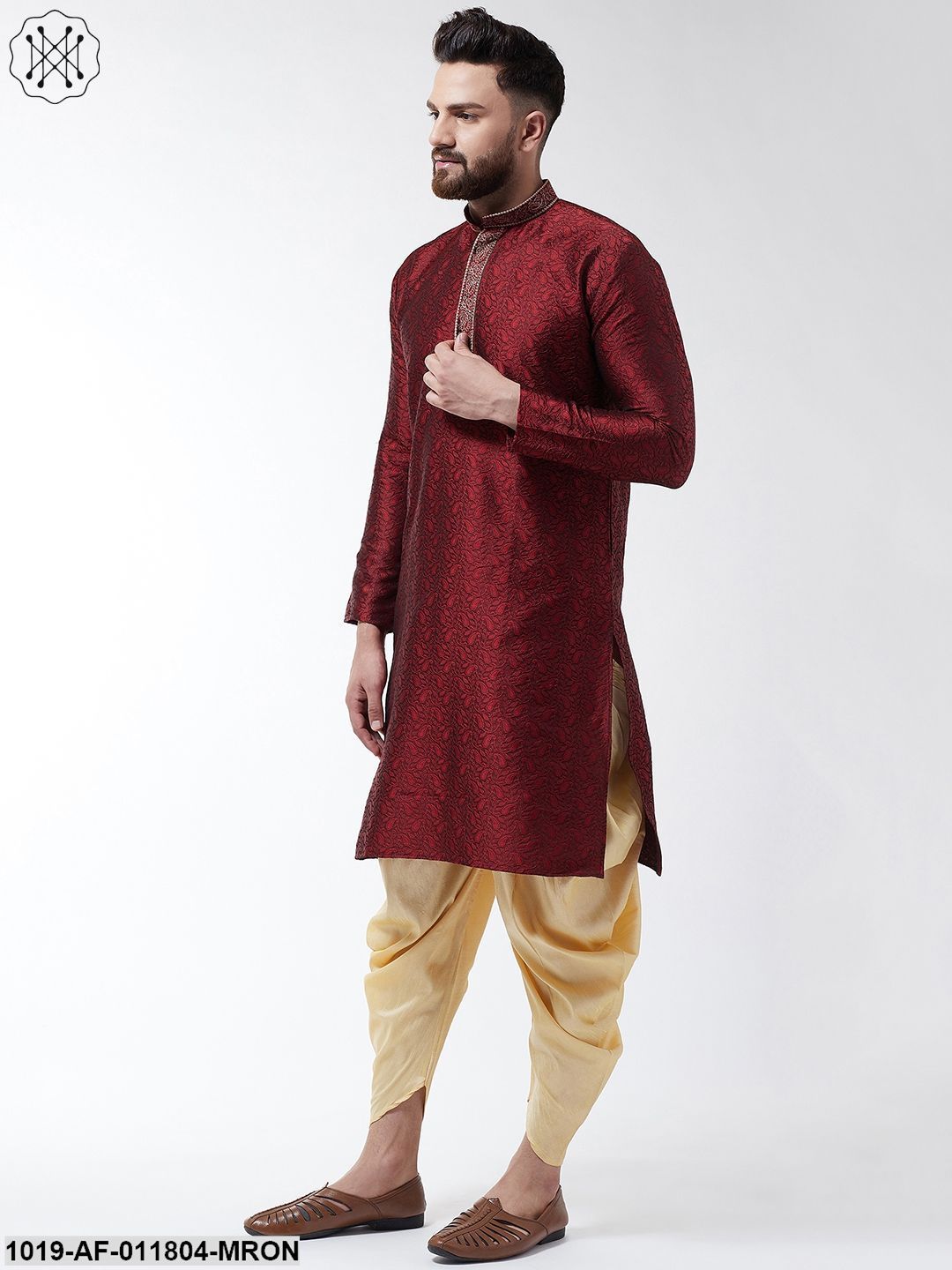 Men's Silk Blend Maroon Kurta & Gold Harem Pant Set