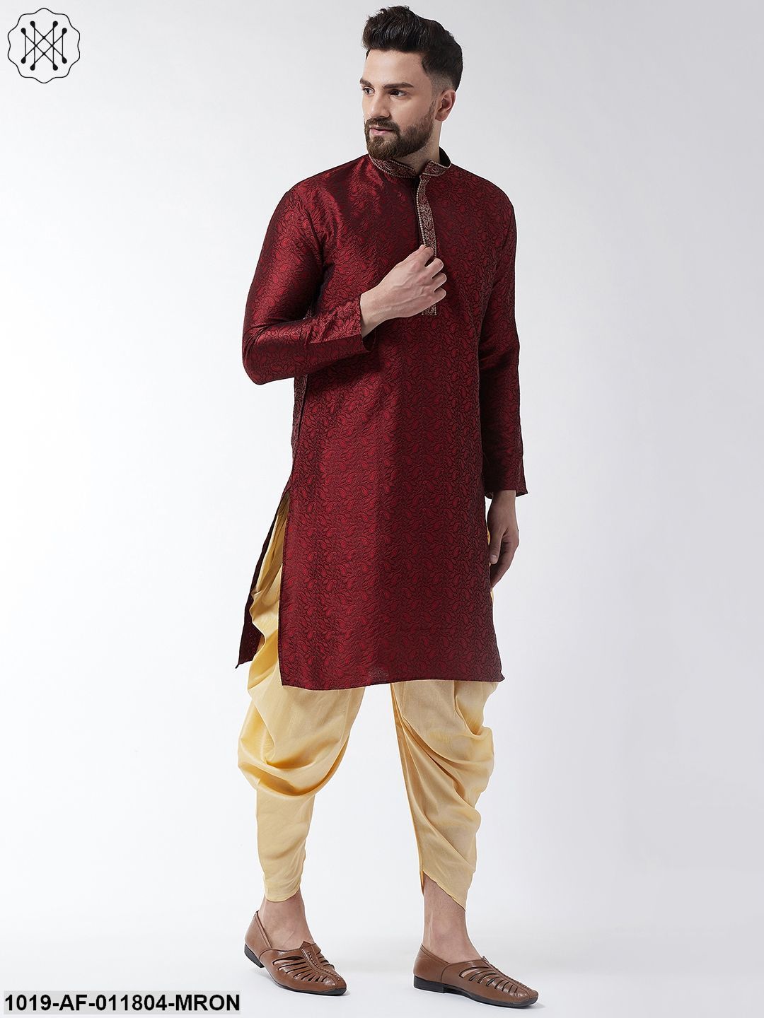 Men's Silk Blend Maroon Kurta & Gold Harem Pant Set
