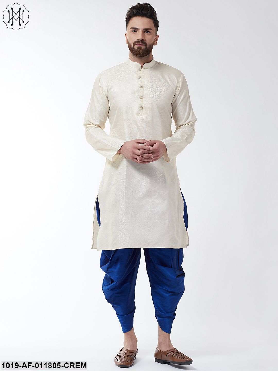 Men's Silk Blend Cream Kurta & Blue Harem Pant Set