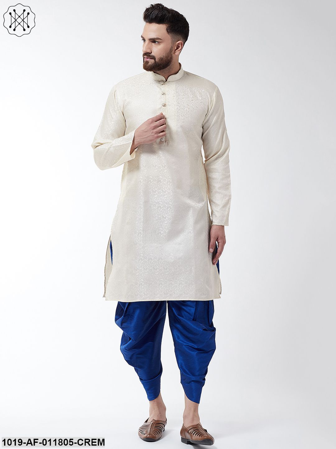 Men's Silk Blend Cream Kurta & Blue Harem Pant Set