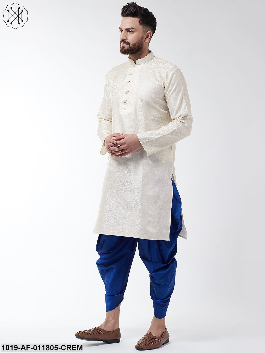 Men's Silk Blend Cream Kurta & Blue Harem Pant Set