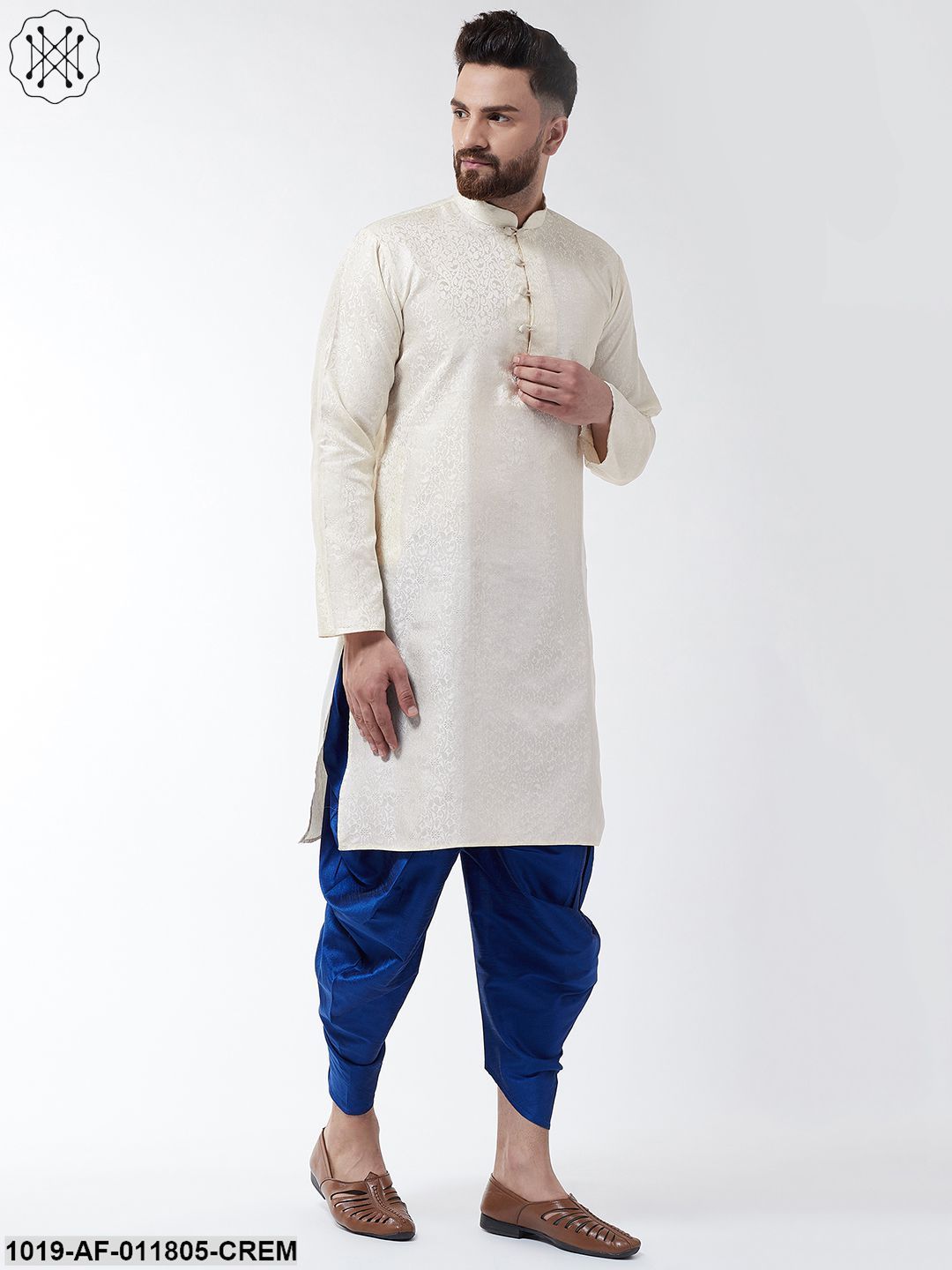 Men's Silk Blend Cream Kurta & Blue Harem Pant Set