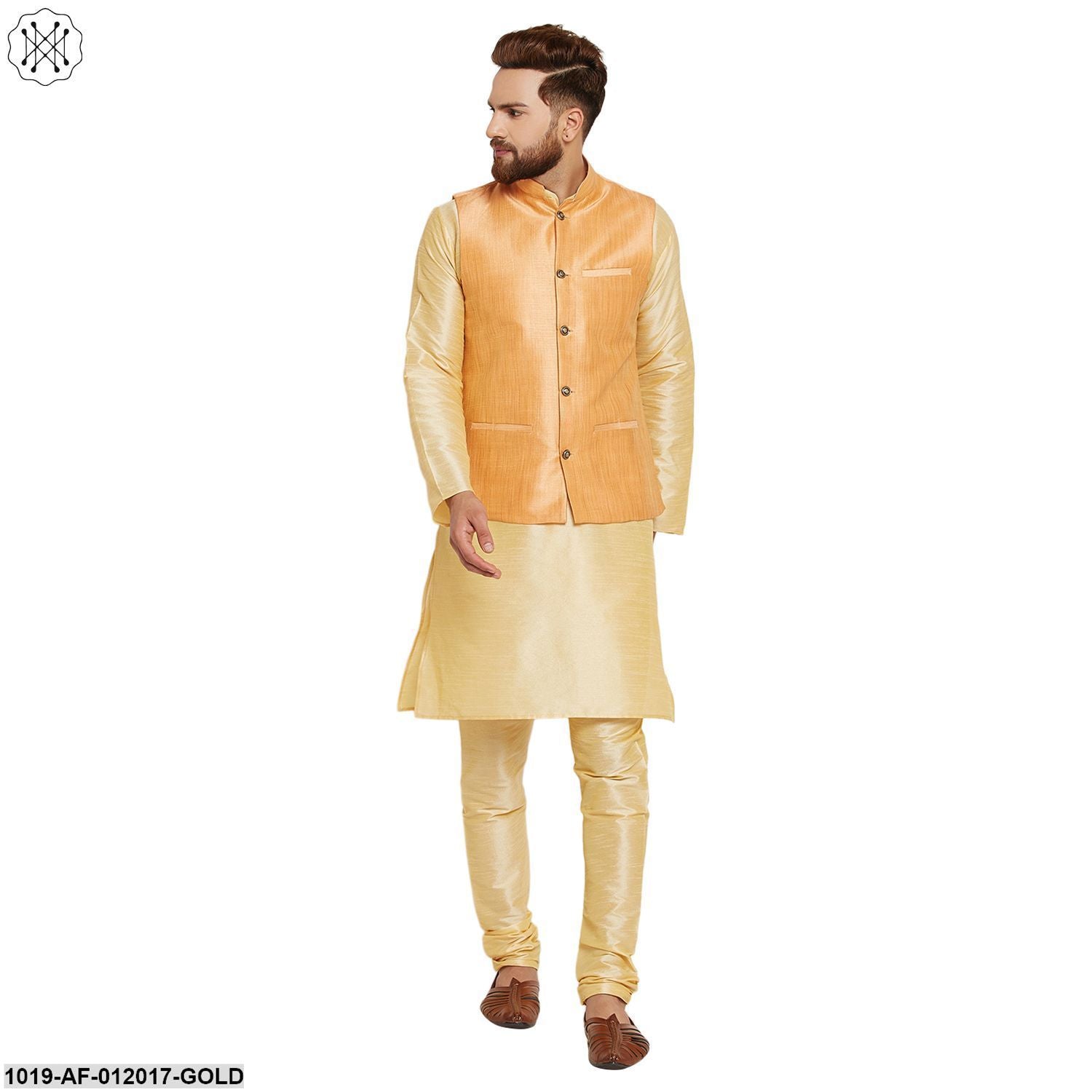 Men's Dupion Silk Kurta Pyjama And Nehru Jacket Set