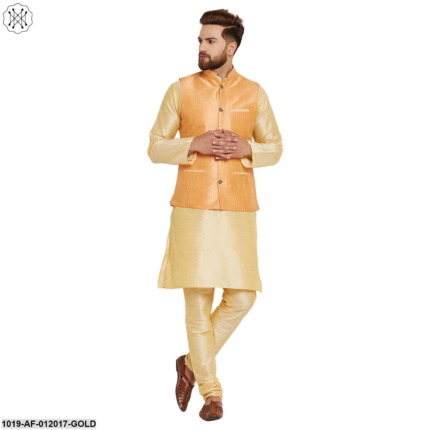 Men's Dupion Silk Kurta Pyjama And Nehru Jacket Set